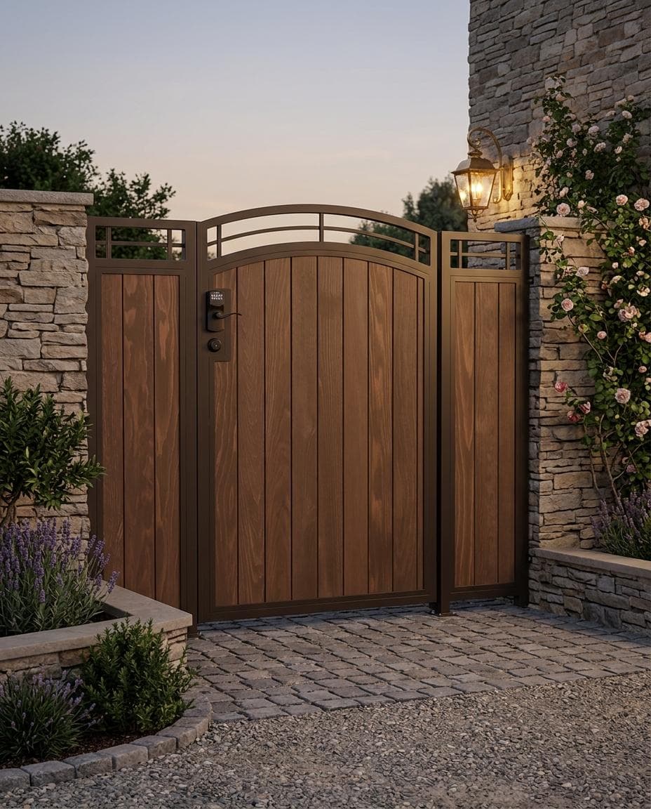 Custom Arched Metal & Wood Driveway Gate